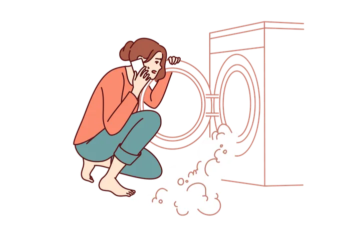 Woman calls technician to repair washing machine  Illustration