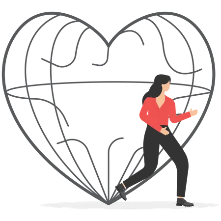Freed Woman Came Out The Cage Big Heart Shape Escape From The Prison Of Family Problem Marriage Difficulties Problem Divorce Or Violence Vector Illustration Illustration
