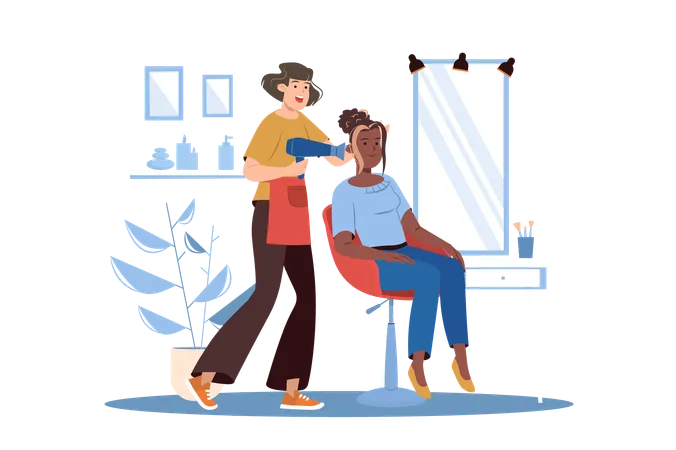 Beauty Salon Blue Concept With People Scene In The Flat Cartoon Design Woman Came To A Beauty Salon To Get Her Hair Done Vector Illustration Illustration