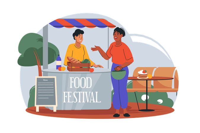 Woman came to a food festival to eat something delicious  Illustration