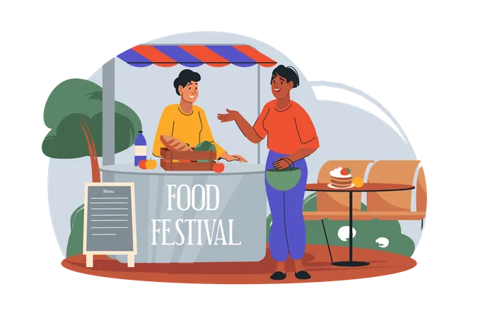 Woman came to a food festival to eat something delicious  Illustration