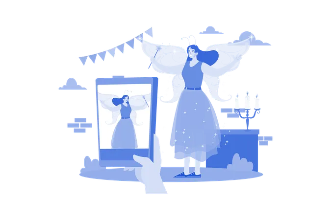 Woman Taking A Selfie With Fairy Cosplay On Halloween Illustration