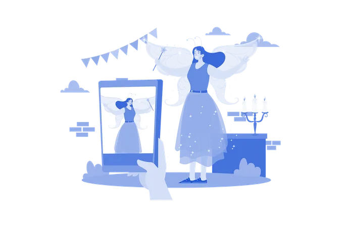 Woman capturing photos of fairy costume  Illustration