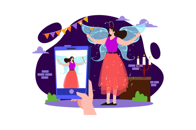 Woman capturing photos while wearing fairy costume Illustration