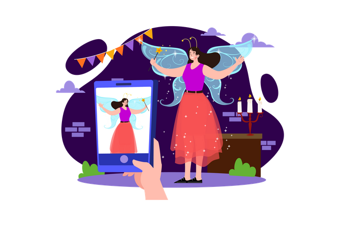 Woman capturing photos while wearing fairy costume  Illustration