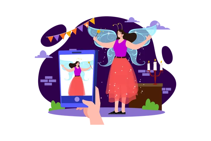 Woman capturing photos while wearing fairy costume  Illustration