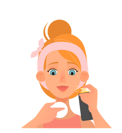 Woman care about face beauty and apply toner Illustration