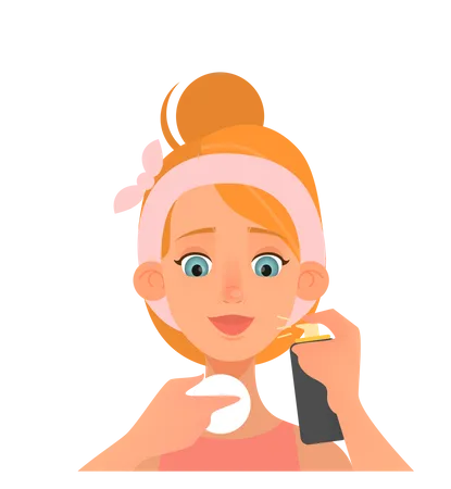 Woman care about face beauty and apply toner  Illustration