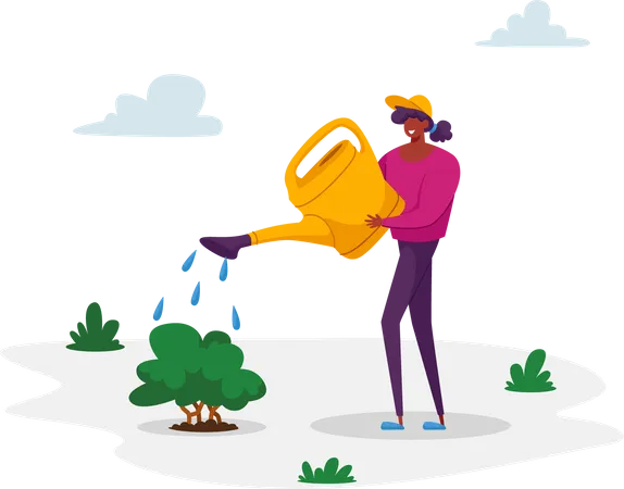 Woman Care of Green Plant Watering from Can on Nature Illustration