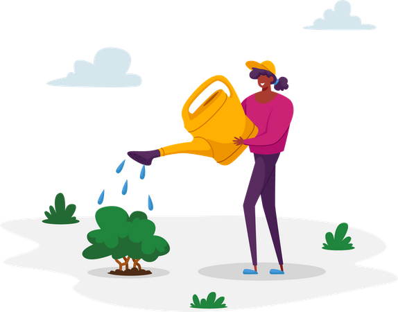 Woman Care of Green Plant Watering from Can on Nature  Illustration