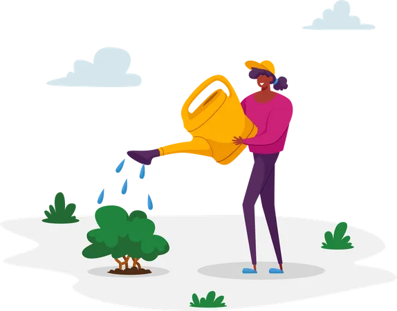 Woman Care of Green Plant Watering from Can on Nature  Illustration