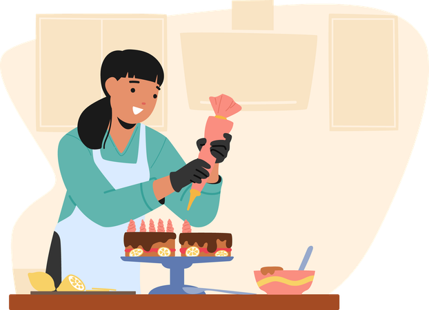 Woman carefully piping frosting  Illustration