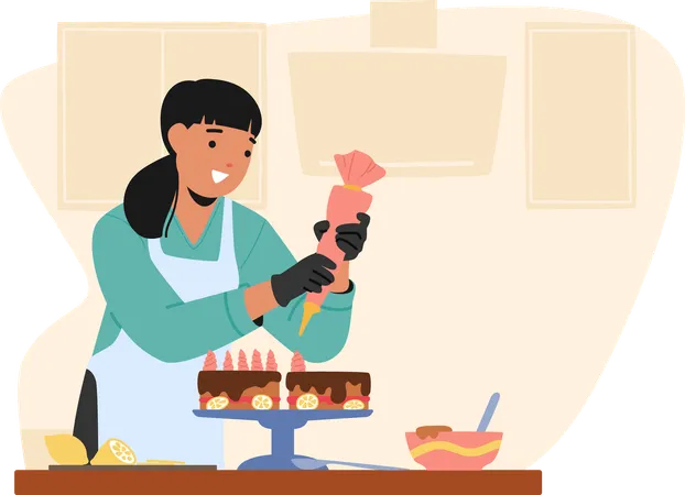 Woman carefully piping frosting  Illustration