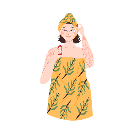 Woman cares for face skin with essential oils  Illustration