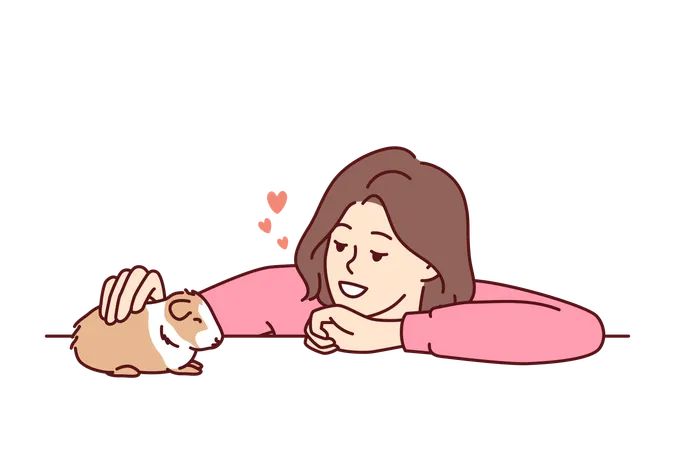 Caring Woman Pets Guinea Pig Or Hamster Enjoying Companionship Of Cute Pet Given To By Parents Or Boyfriend Young Kind Girl Takes Care Of Guinea Pig Doing Grooming And Admiring Friendly Pet Illustration
