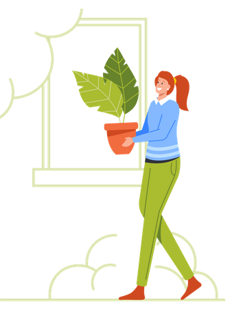 Woman Caring Plant Pot Illustration