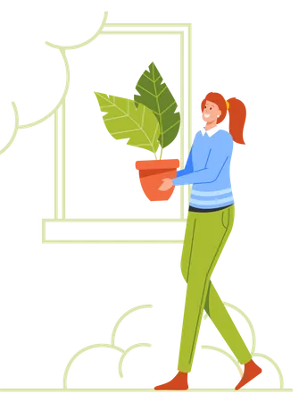Woman Caring Plant Pot Illustration