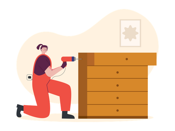 Woman carpenter drilling on cupboard Illustration