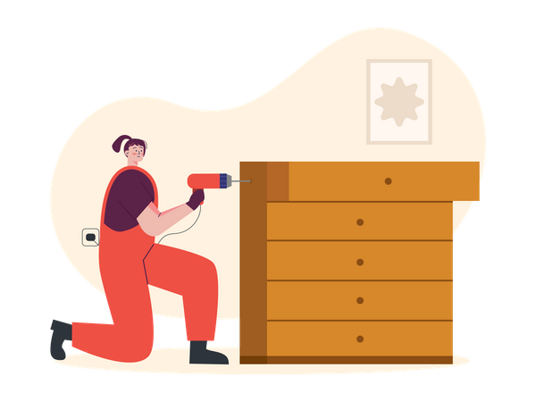 Woman carpenter drilling on cupboard  Illustration