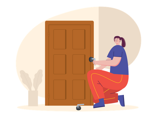 Woman carpenter making door  Illustration