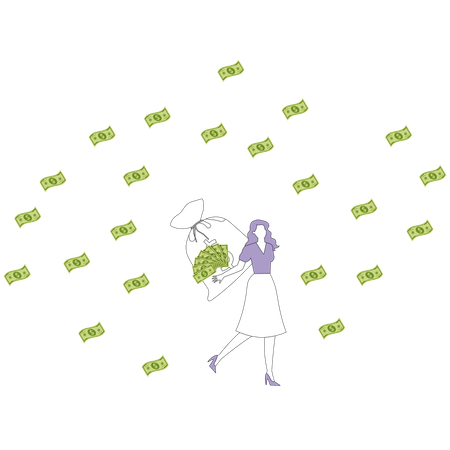 Woman carries a huge bag of money  Illustration