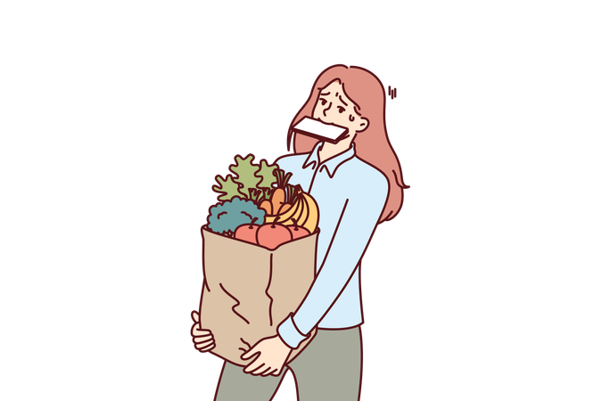 Woman carries grocery bag and holds phone in mouth after returning from market  Illustration