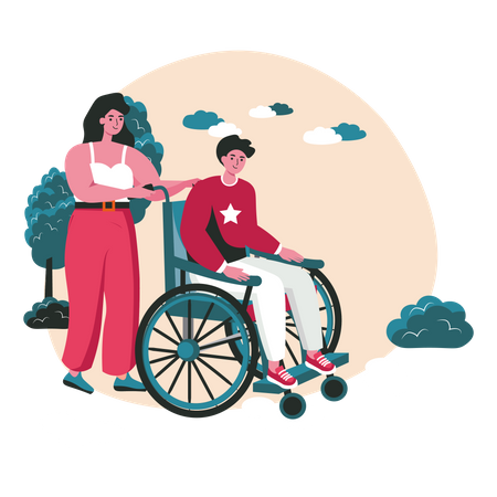 Woman carries handicapped man in wheelchair Illustration