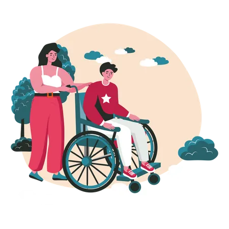 Woman carries handicapped man in wheelchair  Illustration