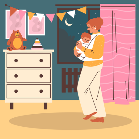 Woman carries her child to bed  Illustration