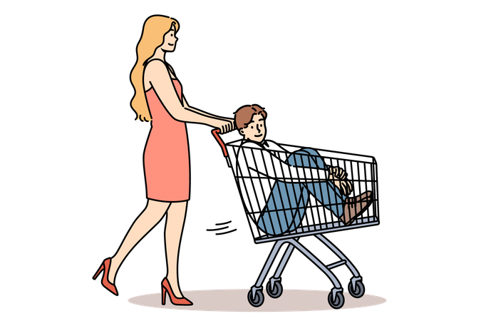 Woman carries man in supermarket carts while buying boyfriend and financially motivated marriages  イラスト