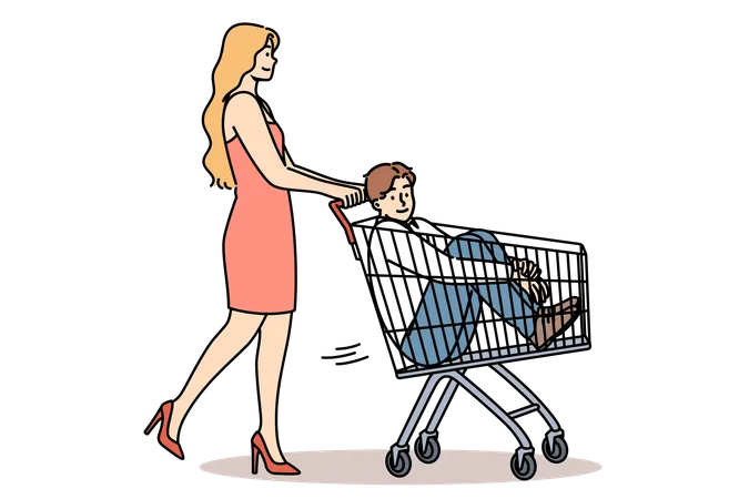 Woman Carries Man In Supermarket Carts For Concept Of Buying Boyfriend And Financially Motivated Marriages Girl Gives Capricious Boyfriend Ride On Buyer Cart Because Guy Doesnt Want To Go Shopping Illustration