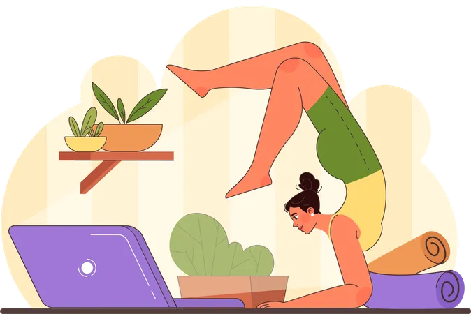 Woman carries out online yoga class  Illustration