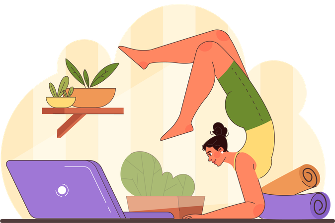 Woman carries out online yoga class  イラスト