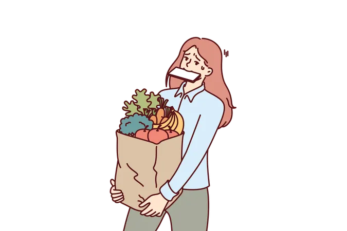 Woman Carries Shopping Bag And Holds Phone In Mouth After Returning From Grocery Market With Organic Food Girl Bought Lot Of Healthy Food And Is Trying To Bring Organic Vegetables And Fruits On Own Illustration