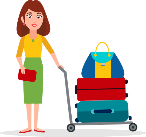 Woman Carry Luggage on Transportation Cart  Illustration