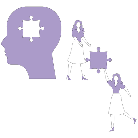 Woman carry missing puzzle to a big head  Illustration
