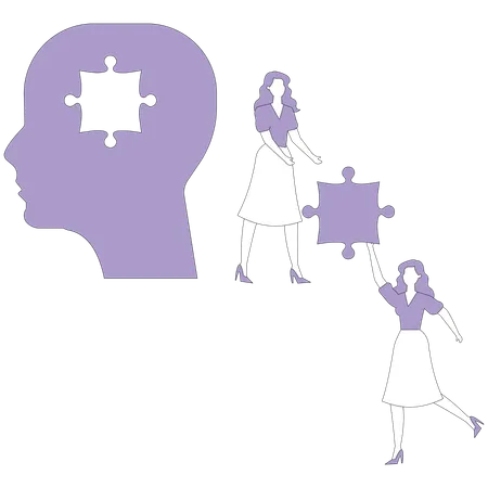 Woman carry missing puzzle to a big head  Illustration