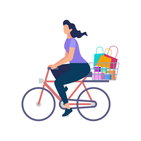 Woman Carry Purchases on Bike Illustration