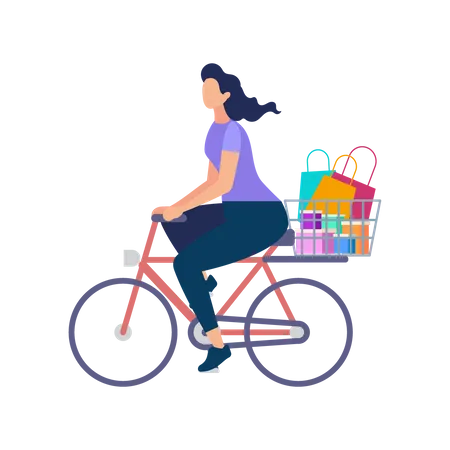 Woman Carry Purchases on Bike Illustration