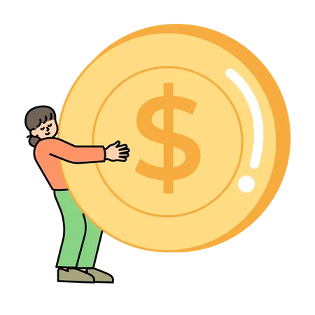 Woman carrying  a large coin  Illustration