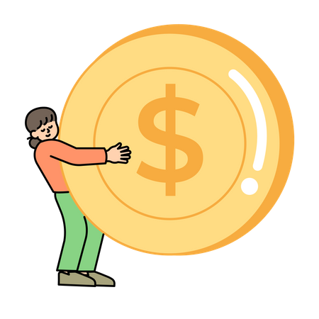 Woman carrying  a large coin  Illustration