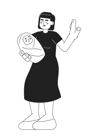 Woman carrying baby and showing stop gesture  イラスト