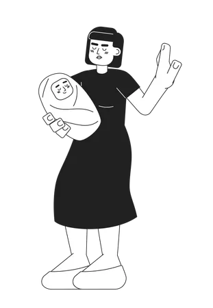 Woman Stop Gesture Monochromatic Flat Vector Character Asian Mother Holding Baby Editable Thin Line Full Body Person On White Simple Bw Cartoon Spot Image For Web Graphic Design Illustration