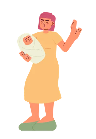 Woman Stop Gesture Semi Flat Color Vector Character Asian Mother Holding Baby Editable Full Body Person On White Simple Cartoon Spot Illustration For Web Graphic Design Illustration