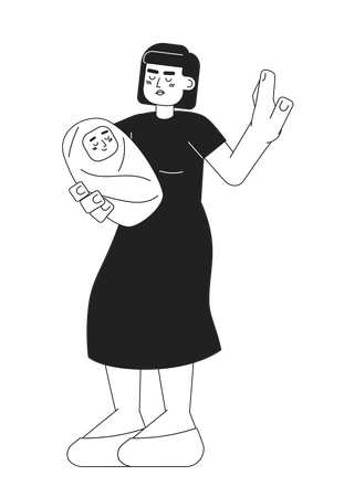 Woman carrying baby and showing stop gesture  Illustration