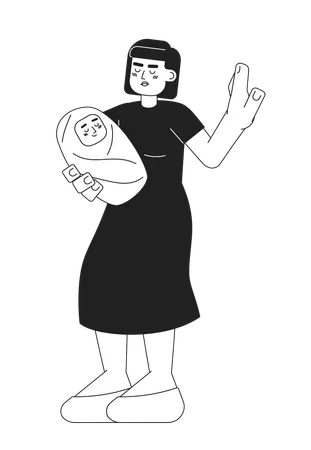 Woman carrying baby and showing stop gesture  Illustration