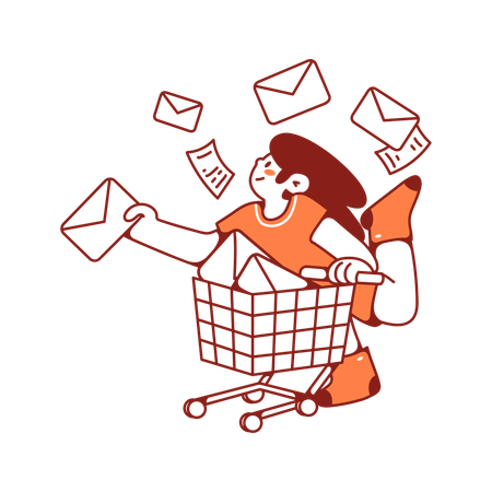 Woman carrying basket full of letters and notices  Illustration
