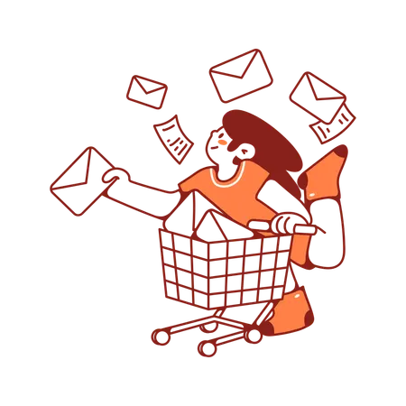 Woman carrying basket full of letters and notices  Illustration