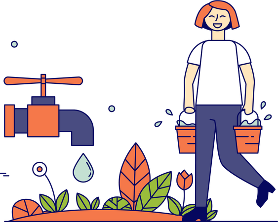 Woman carrying bucket of water  Illustration