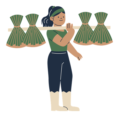 Woman Carrying Bundled Harvest  Illustration